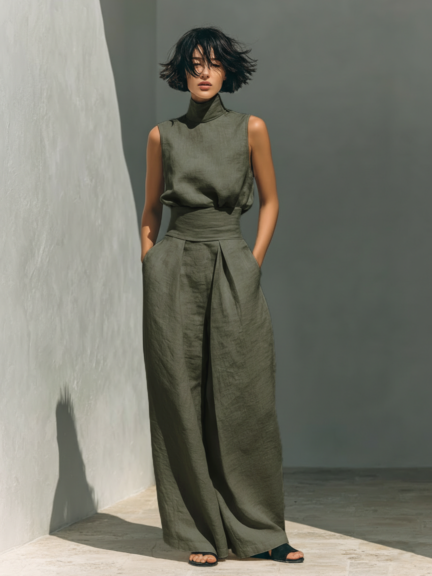 Venancia™ | Women's High-Neck Top &amp; Wide-Leg Pants Two-Piece Set