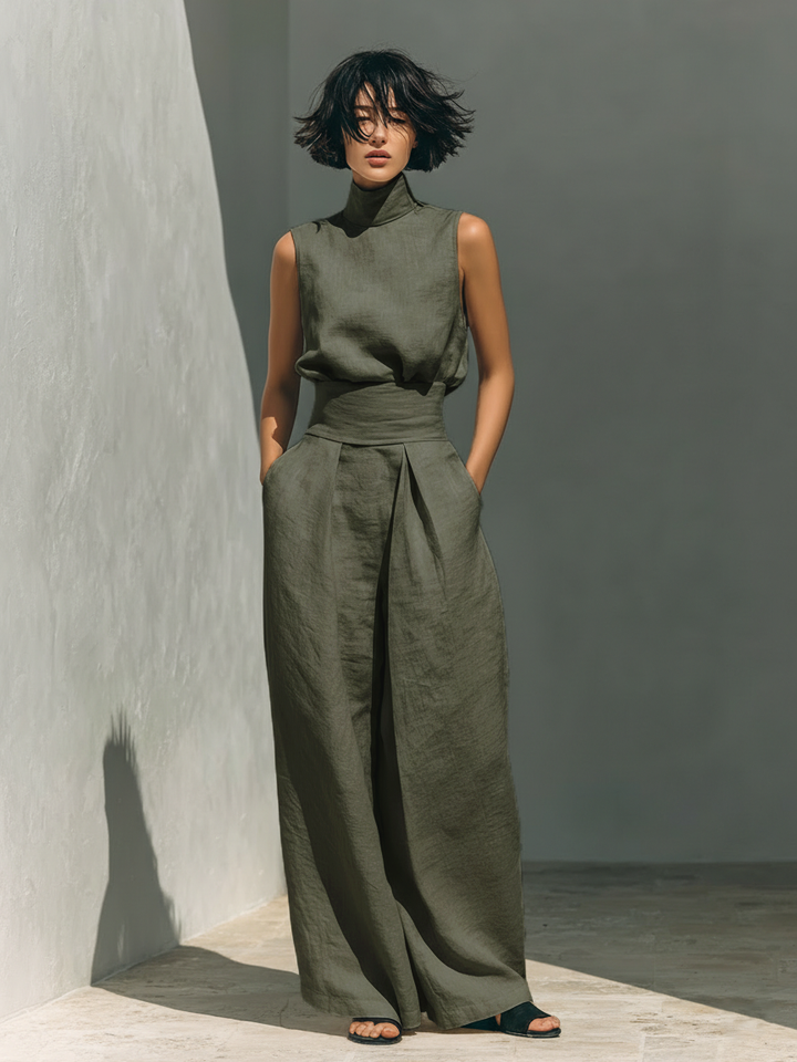 Venancia™ | Women's High-Neck Top &amp; Wide-Leg Pants Two-Piece Set
