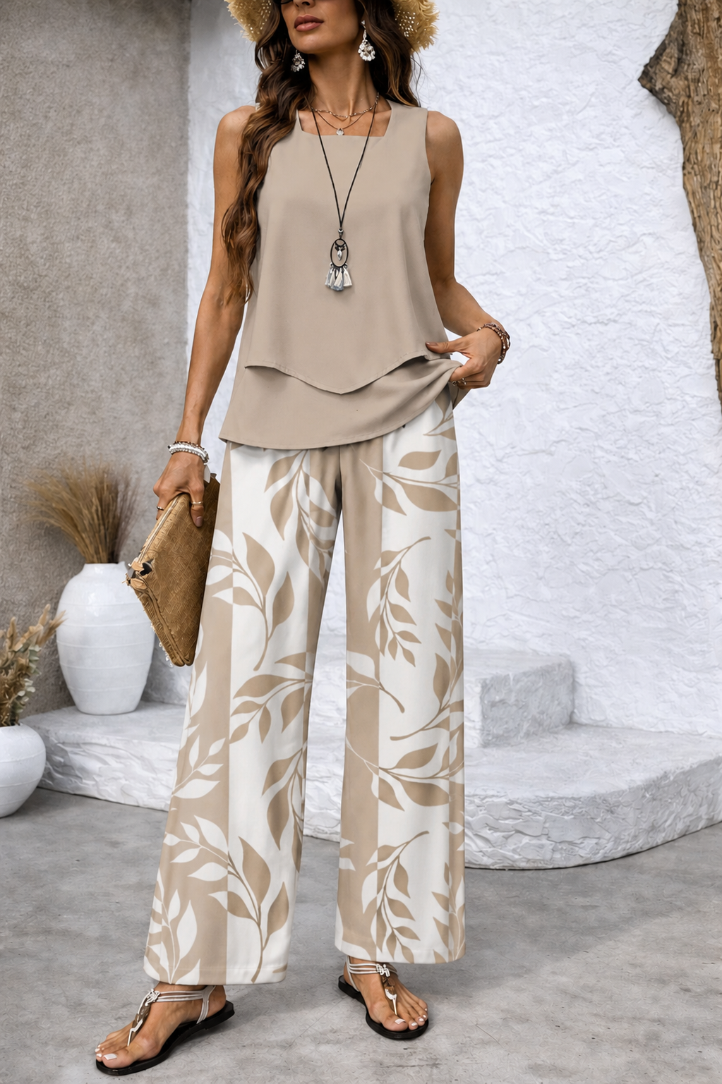 Ernestina™ | Women's Sleeveless Blouse &amp; Botanical Wide-Leg Pants Two-Piece Set