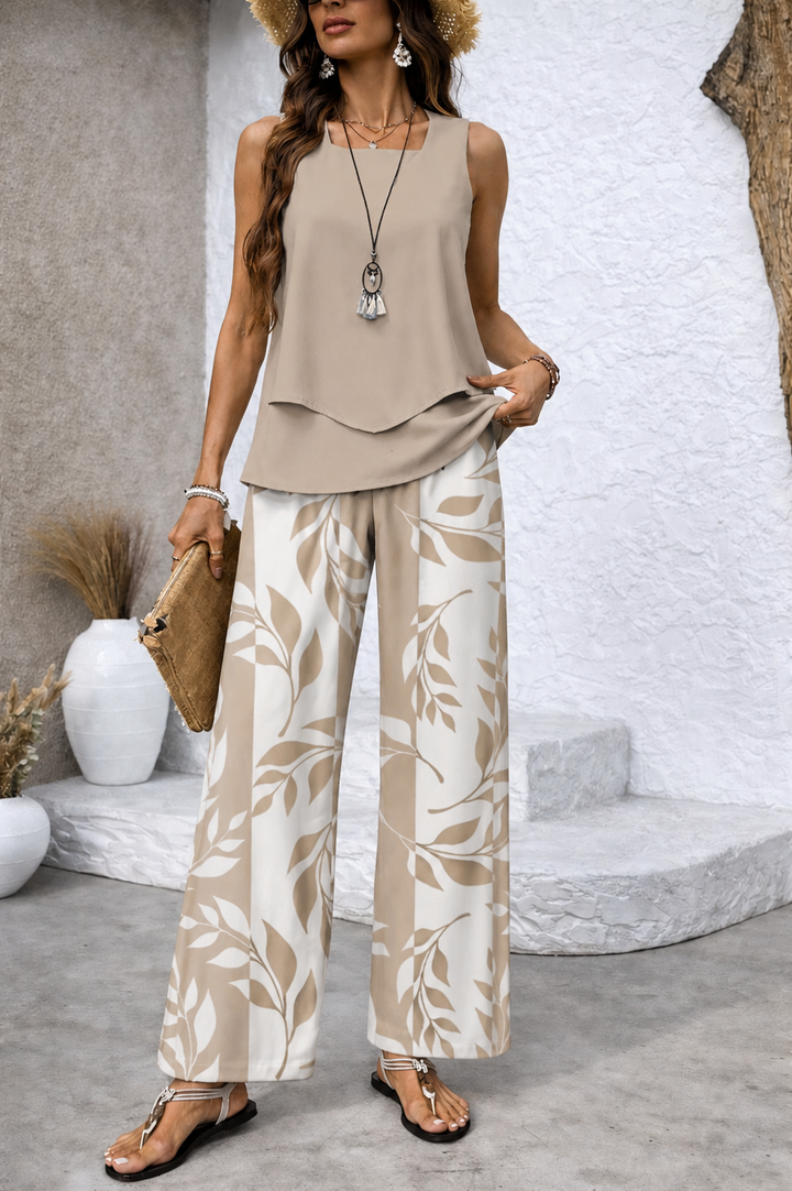 Ernestina™ | Women's Sleeveless Blouse &amp; Botanical Wide-Leg Pants Two-Piece Set