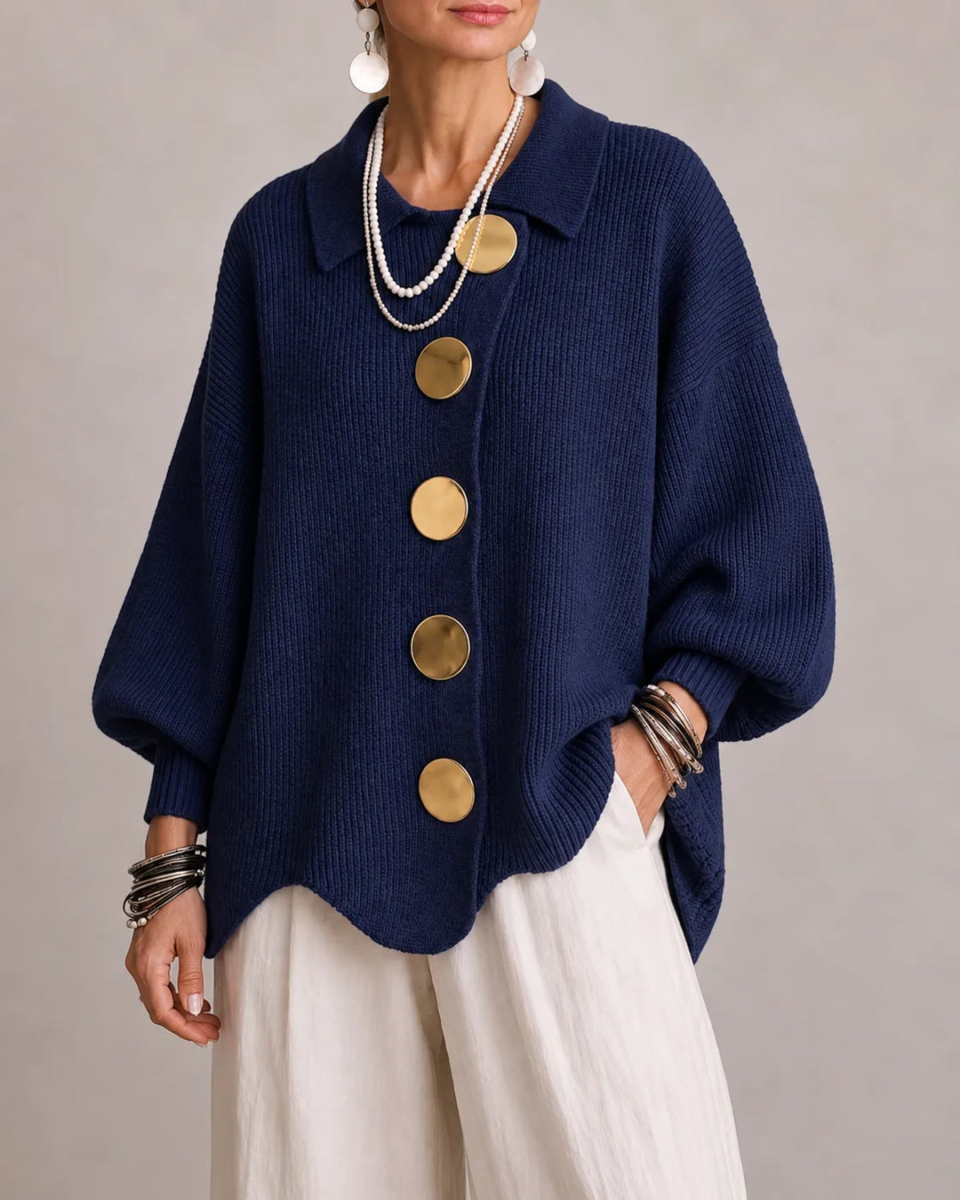 The Elara | Oversized Button Knit Cardigan – Navy