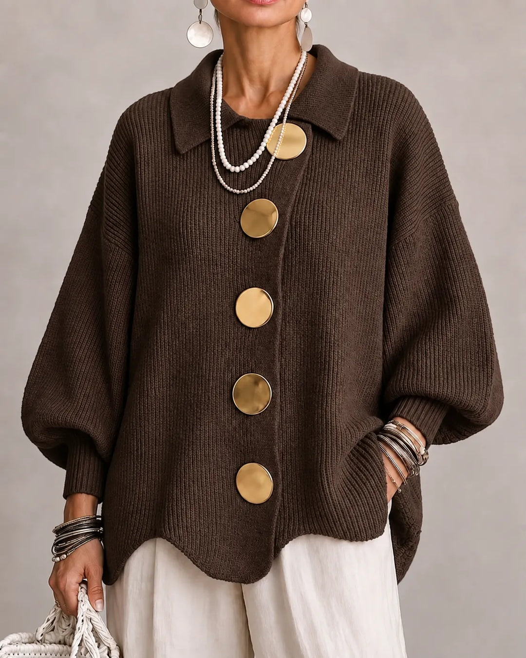 The Elara | Oversized Button Knit Cardigan – Brown