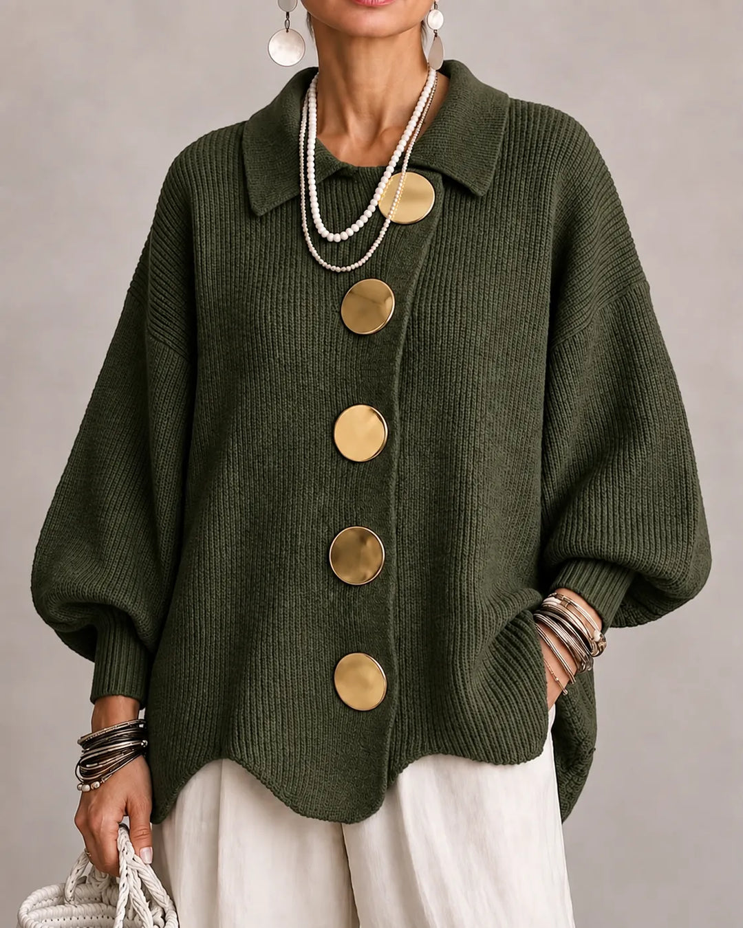 The Elara | Oversized Button Knit Cardigan – Olive