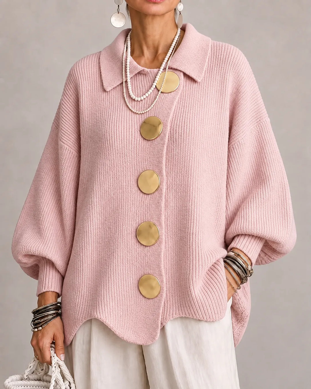 The Elara | Oversized Button Knit Cardigan – Pink