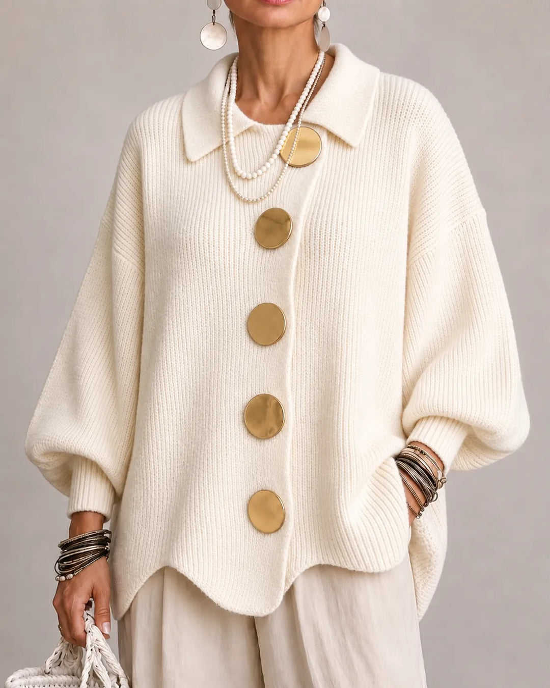 The Elara | Oversized Button Knit Cardigan – Ivory