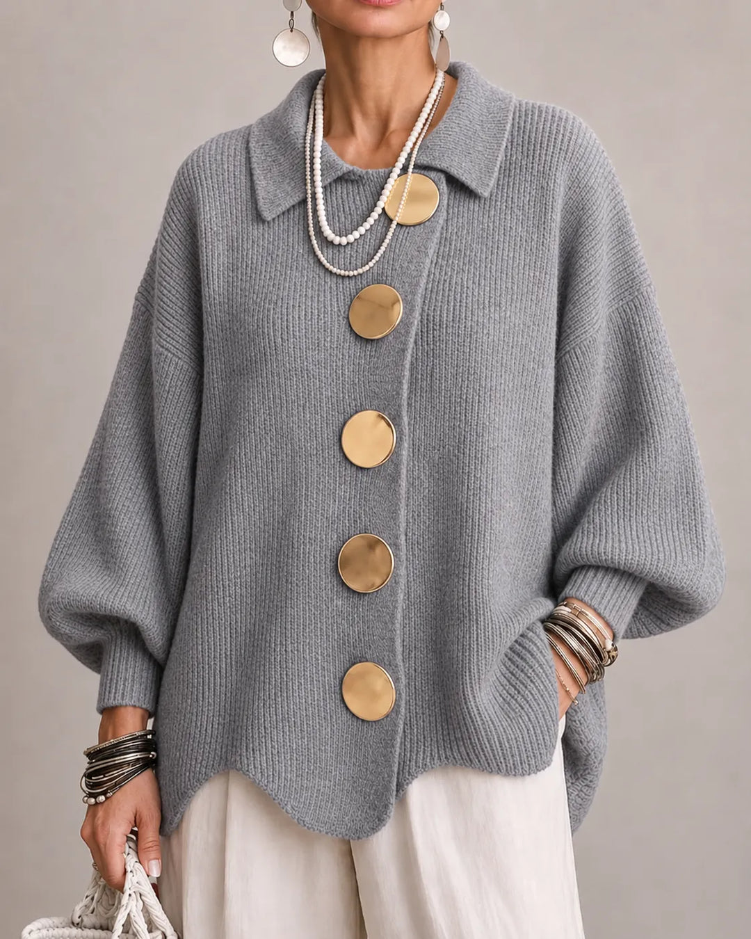 The Elara | Oversized Button Knit Cardigan – Gray