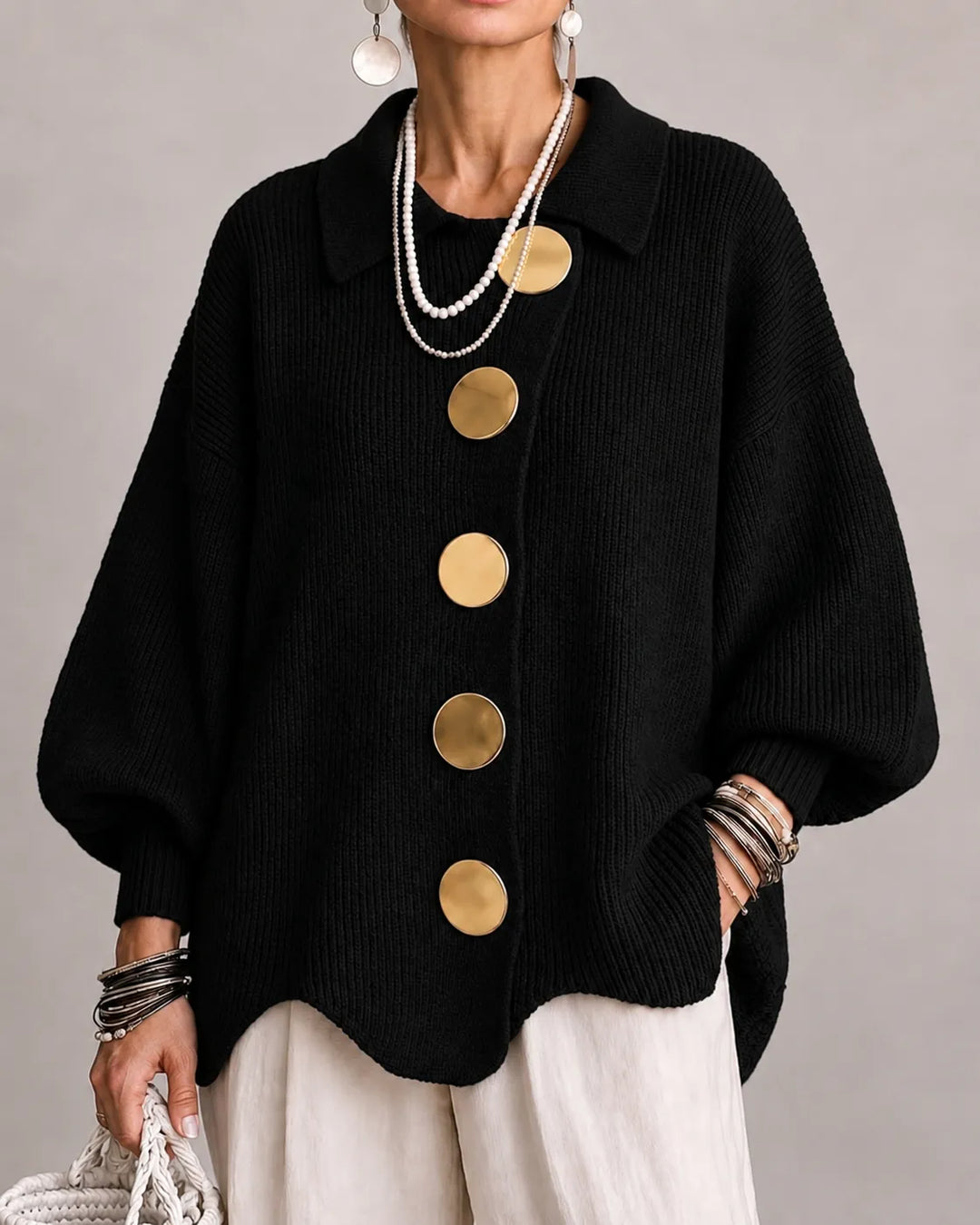 The Elara | Oversized Button Knit Cardigan – Black