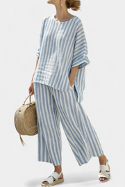 Madeline – Sophisticated Blue Striped Linen Top & Relaxed Pants Set