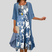 Floral Print Midi Dress and Chiffon Cardigan Two Piece Set