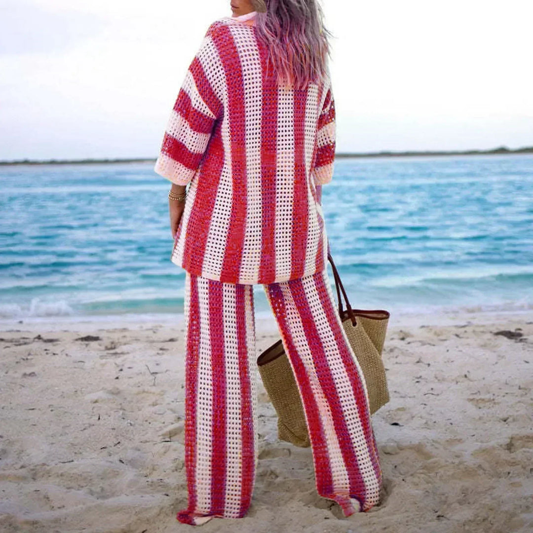 Zenaida™ | Women's Striped Kimono &amp; Wide-Leg Pants Two-Piece Set