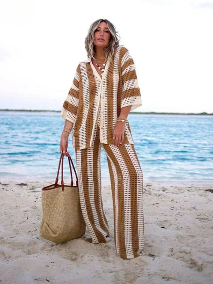Zenaida™ | Women's Striped Kimono &amp; Wide-Leg Pants Two-Piece Set