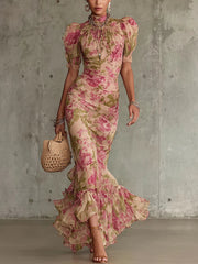 VIVA | Vintage Rose Print Maxi Dress With Puff Sleeves