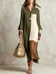 Color Block Collared Linen Midi Shirt Dress With Stripe Detail