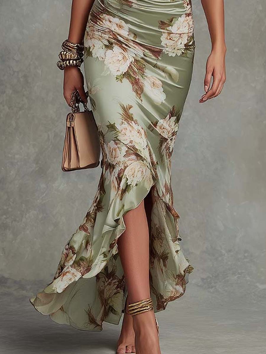 Anastasia | Long Satin Dress with Floral Prints