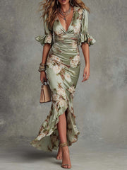 Anastasia | Long satin dress with a floral print