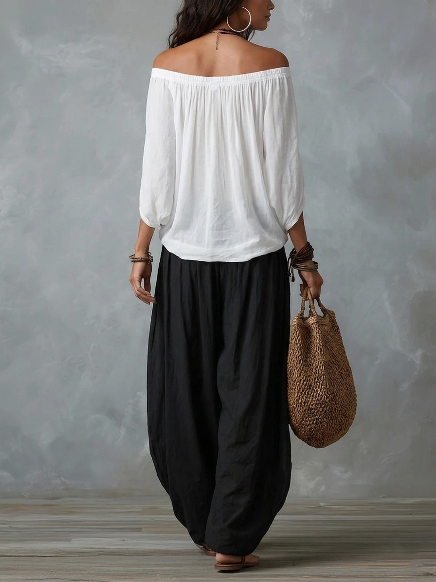 White Off-Shoulder Top and Lantern-Style Flared Trousers