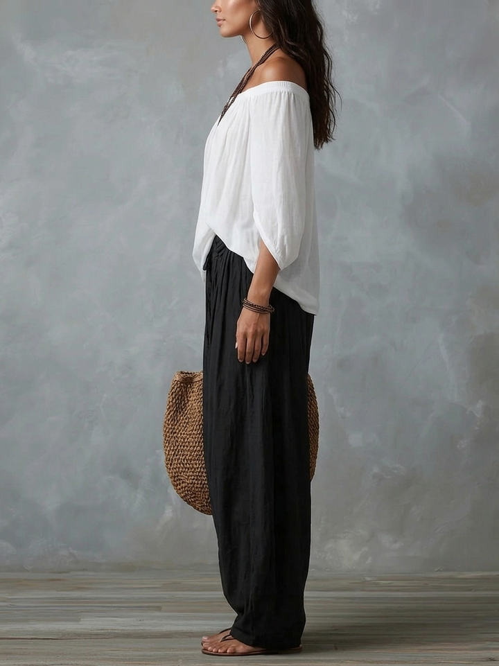 White Off-Shoulder Top and Lantern-Style Flared Trousers