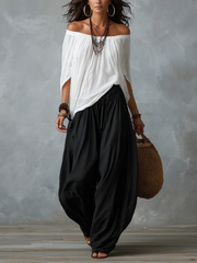 White Off-Shoulder Top and Lantern-Style Flared Trousers