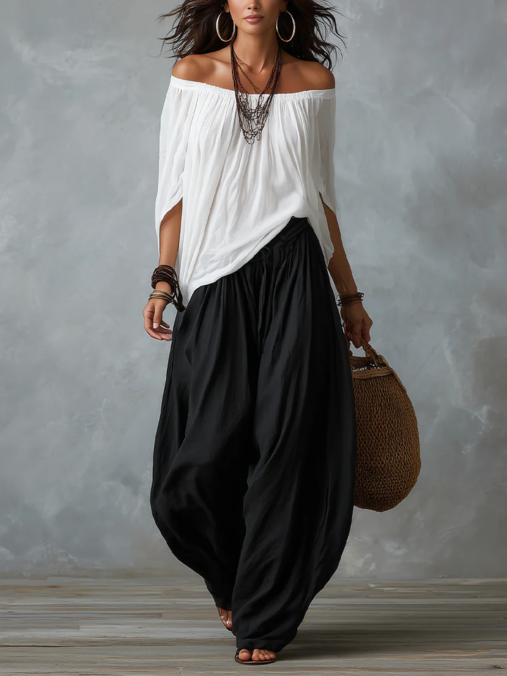 White Off-Shoulder Top and Lantern-Style Flared Trousers