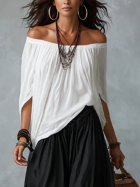 White Off-Shoulder Top and Lantern-Style Flared Trousers