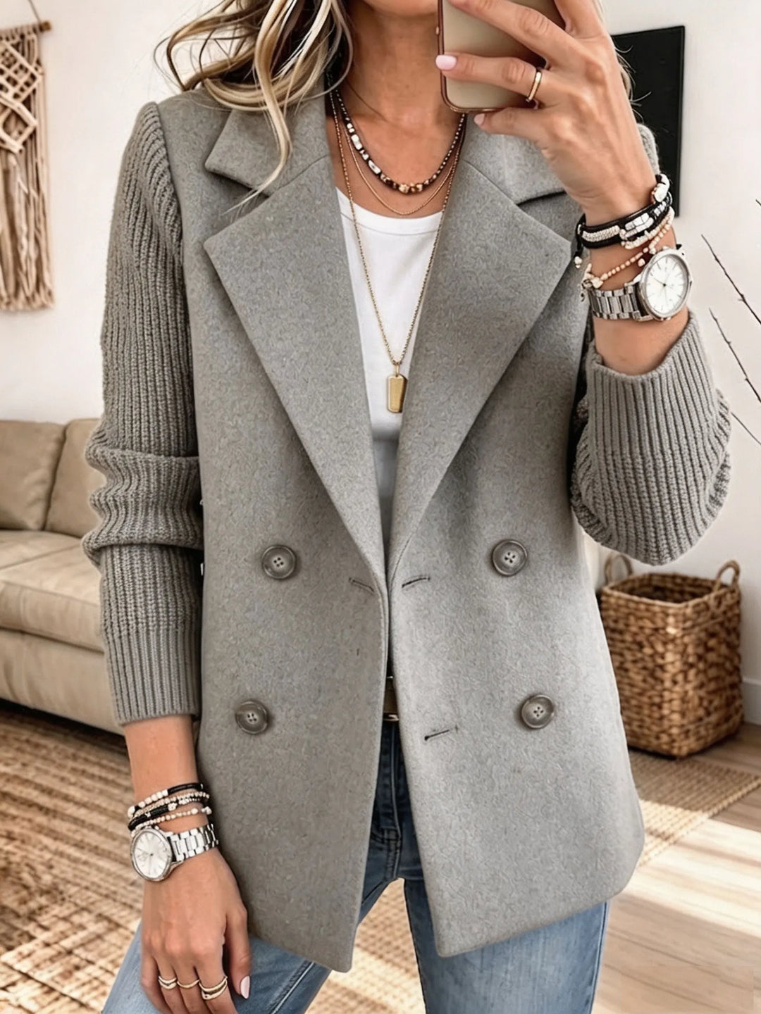 Sabine™ | Double-Breasted Blazer with Knit Sleeves