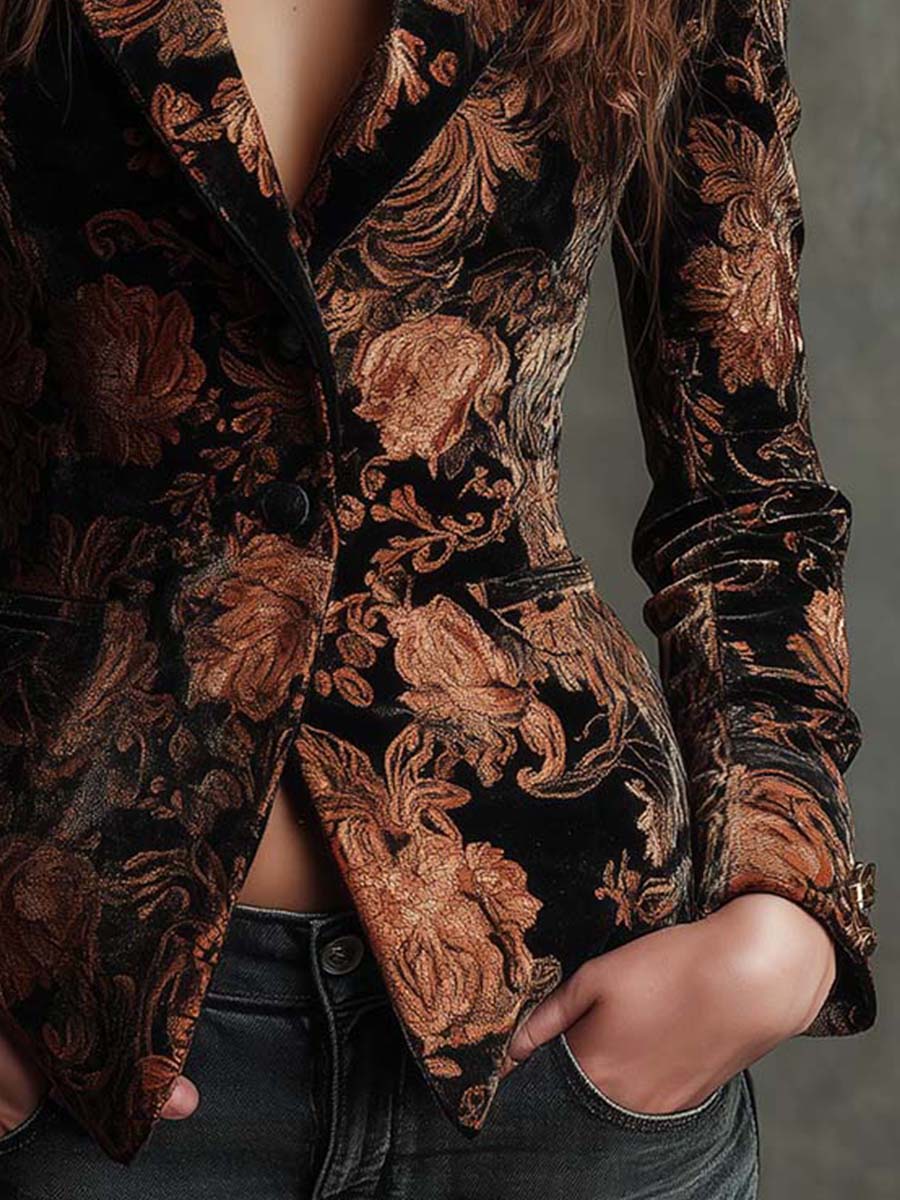 Anastasia | Black & Bronze Floral Tailored Blazer