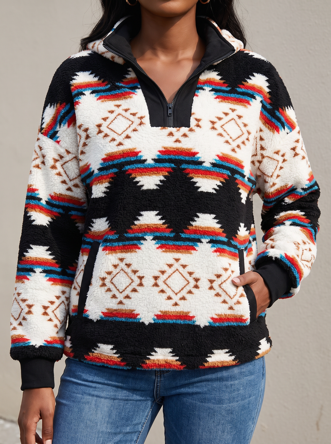Zephyrine™ | Shawl-Neck Aztec Sherpa Pullover