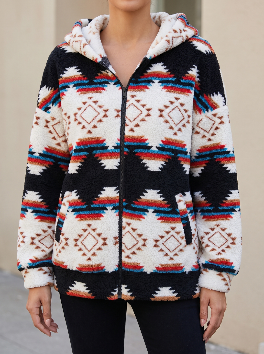 Zephyrine™ | Shawl-Neck Aztec Sherpa Pullover
