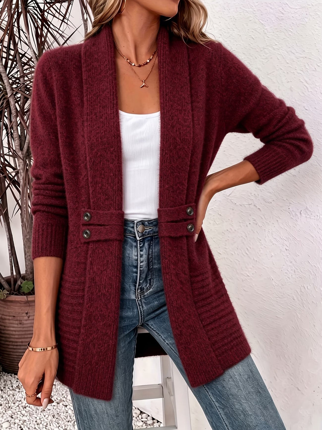 Marlowe™ | Burgundy Ribbed Knit Button-Tab Cardigan