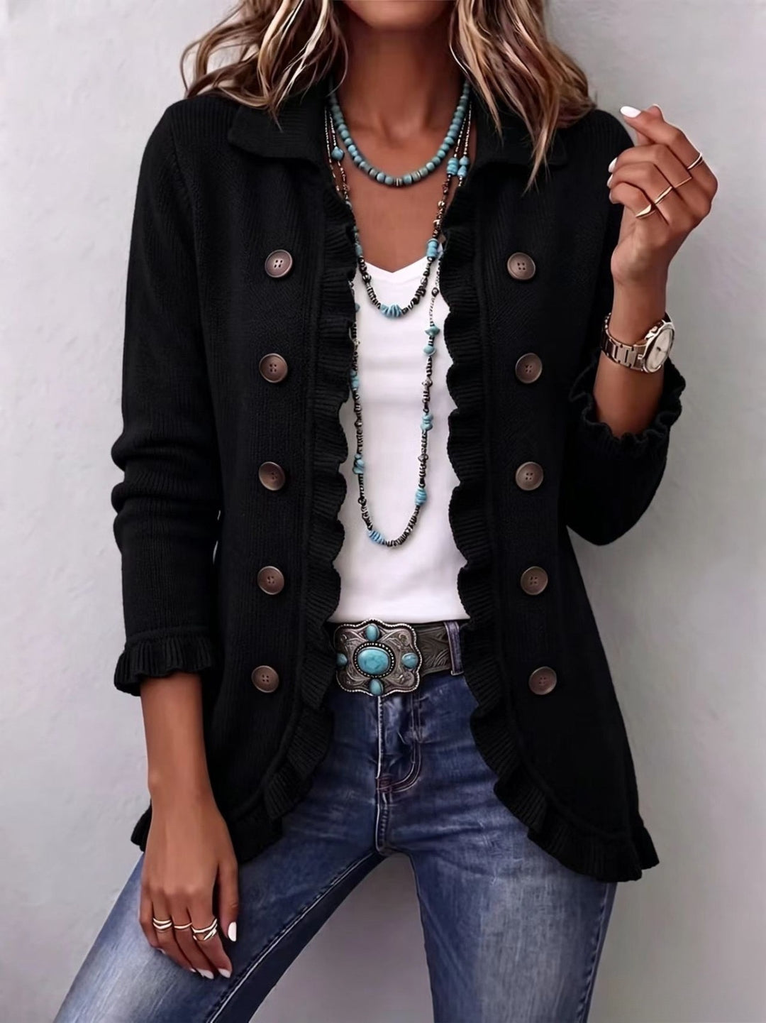 Camille™ | Jet Black Ribbed Knit Ruffle Jacket