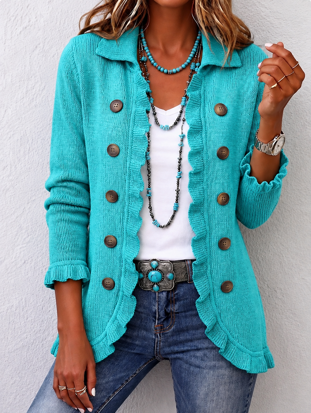 Maribel™ | Turquoise Ribbed Knit Ruffle Jacket