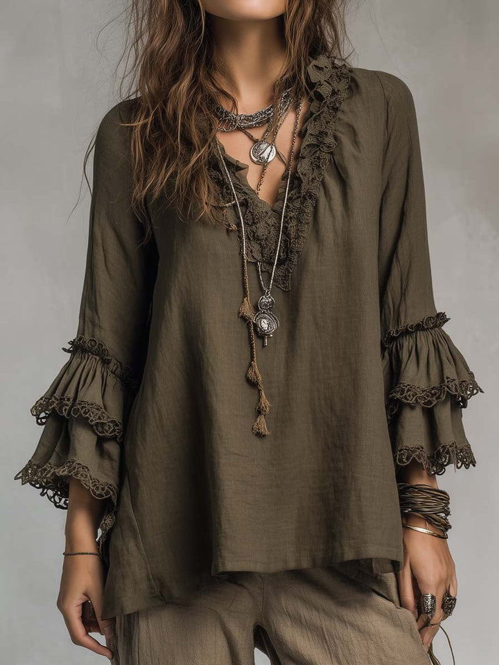 Ruffled Lace Cotton Linen Long-sleeved Blouse