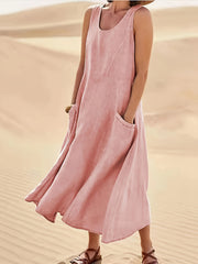 Maisie | Women's 100% Cotton Sleeveless Midi Dress with Pockets