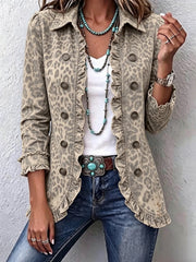 Sahvara™ | Women's Sand Leopard Double-Breasted Ruffle Jacket