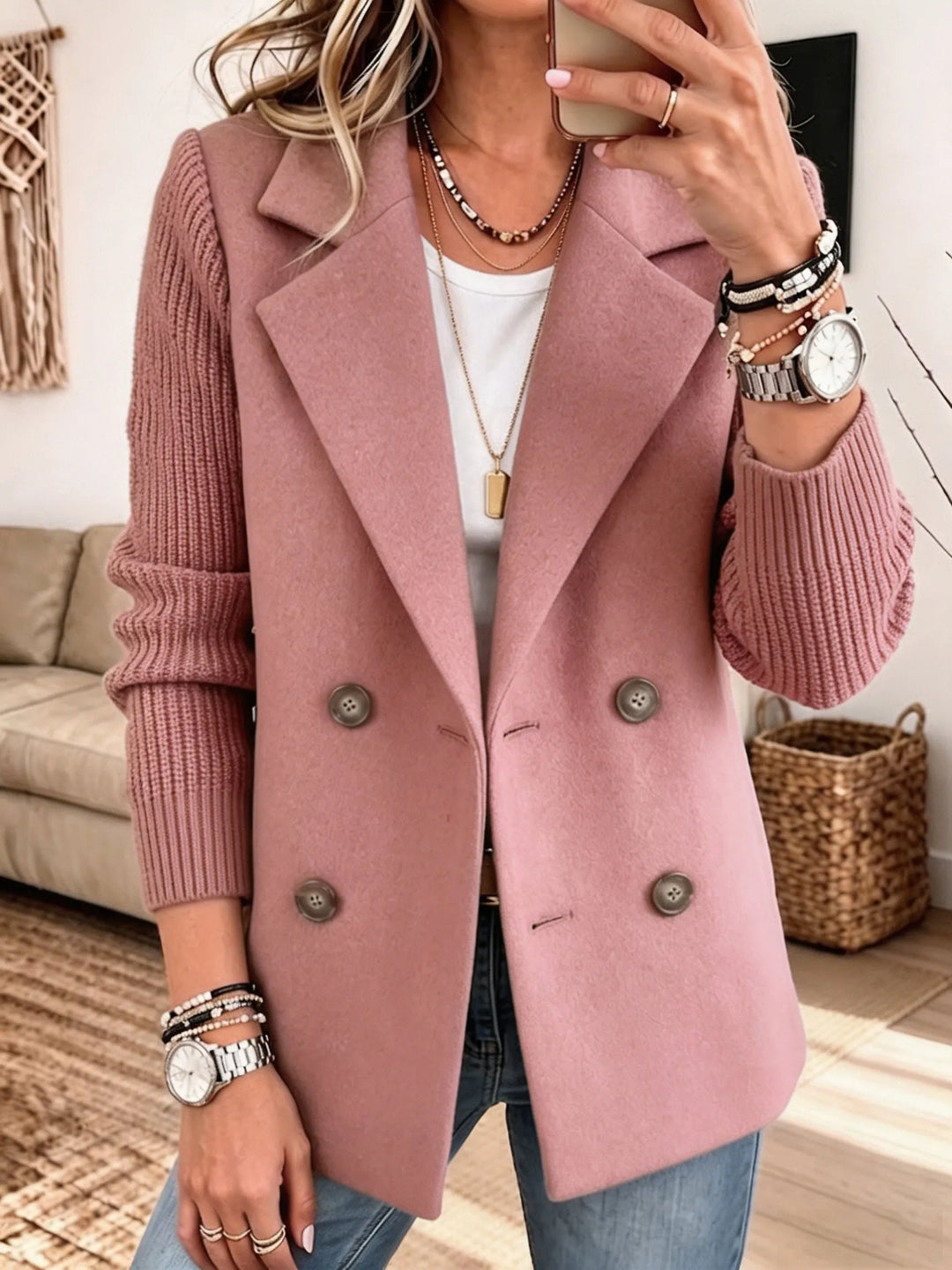 Sabine™ | Double-Breasted Blazer with Knit Sleeves