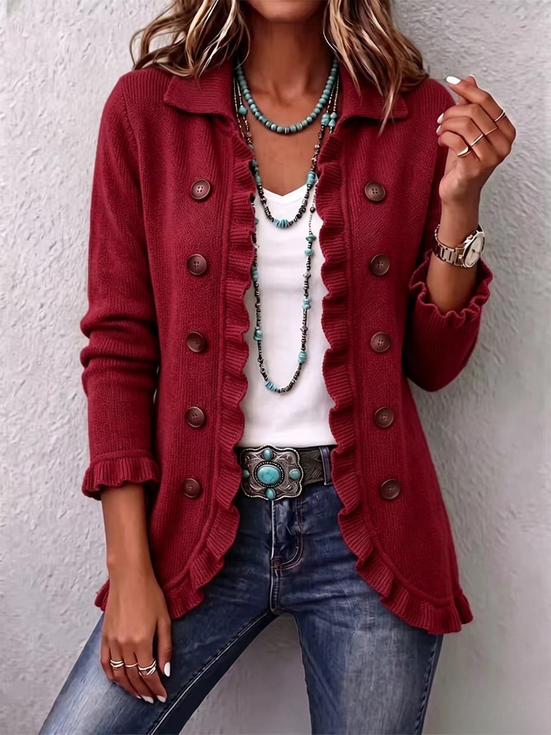 Rosalie™ | Ruby Red Ribbed Knit Ruffle Jacket