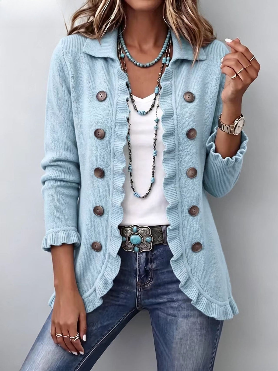Cecilia™ | Powder Blue Ribbed Knit Ruffle Jacket