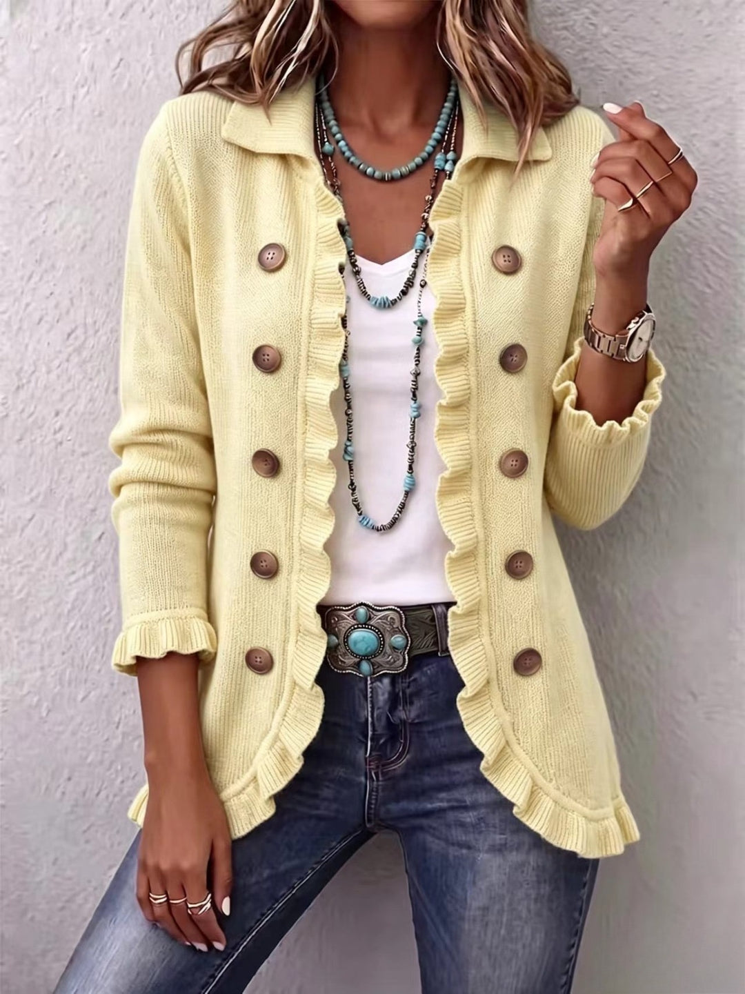 Lillian™ | Buttercream Ribbed Knit Ruffle Jacket