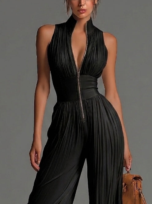Vittoria · Black Jumpsuit with V-Neck, Sleeveless Design, Zip, Pleated Waist and Wide-Leg Trousers
