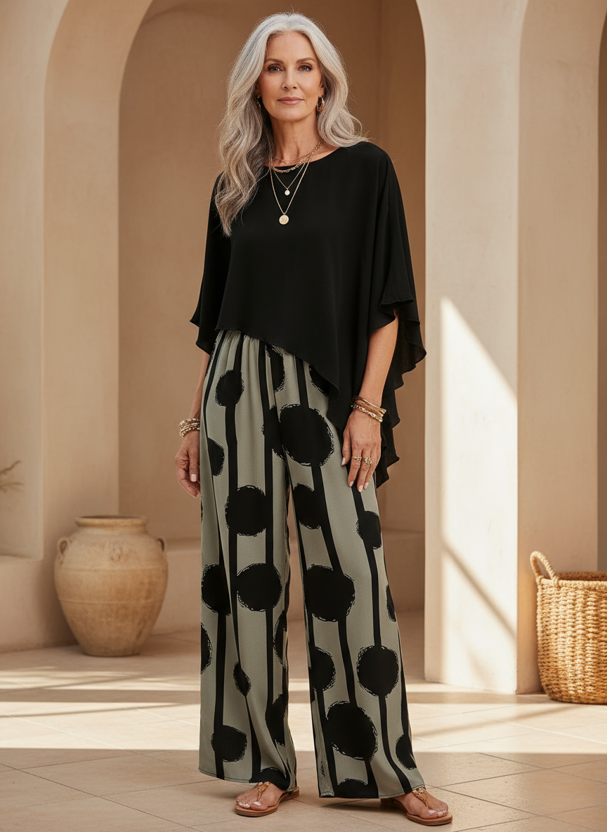 Valeriana™ | Women's Asymmetric Top &amp; Abstract Wide-Leg Pants Two-Piece Set