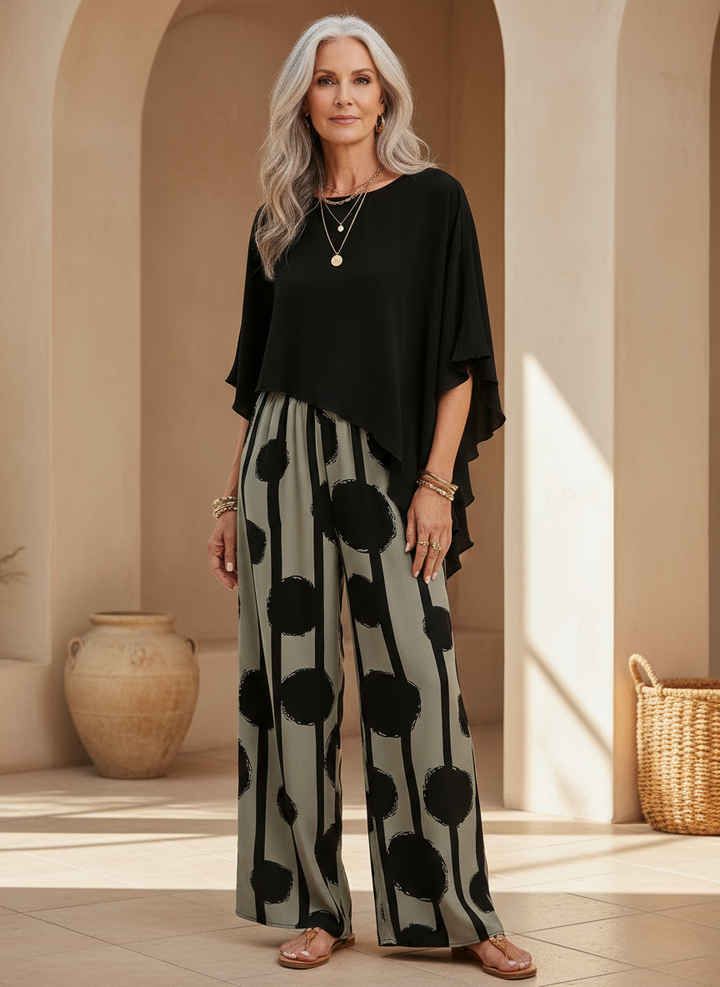 Valeriana™ | Women's Asymmetric Top &amp; Abstract Wide-Leg Pants Two-Piece Set