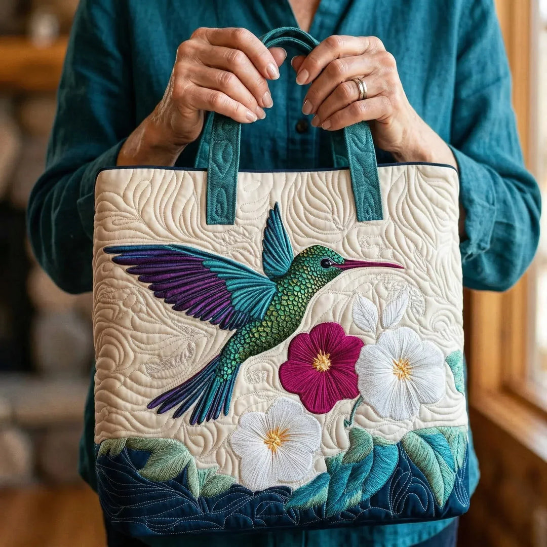 Borsa Floreale Trapuntata colibrì e fiore bianco – Due Misure