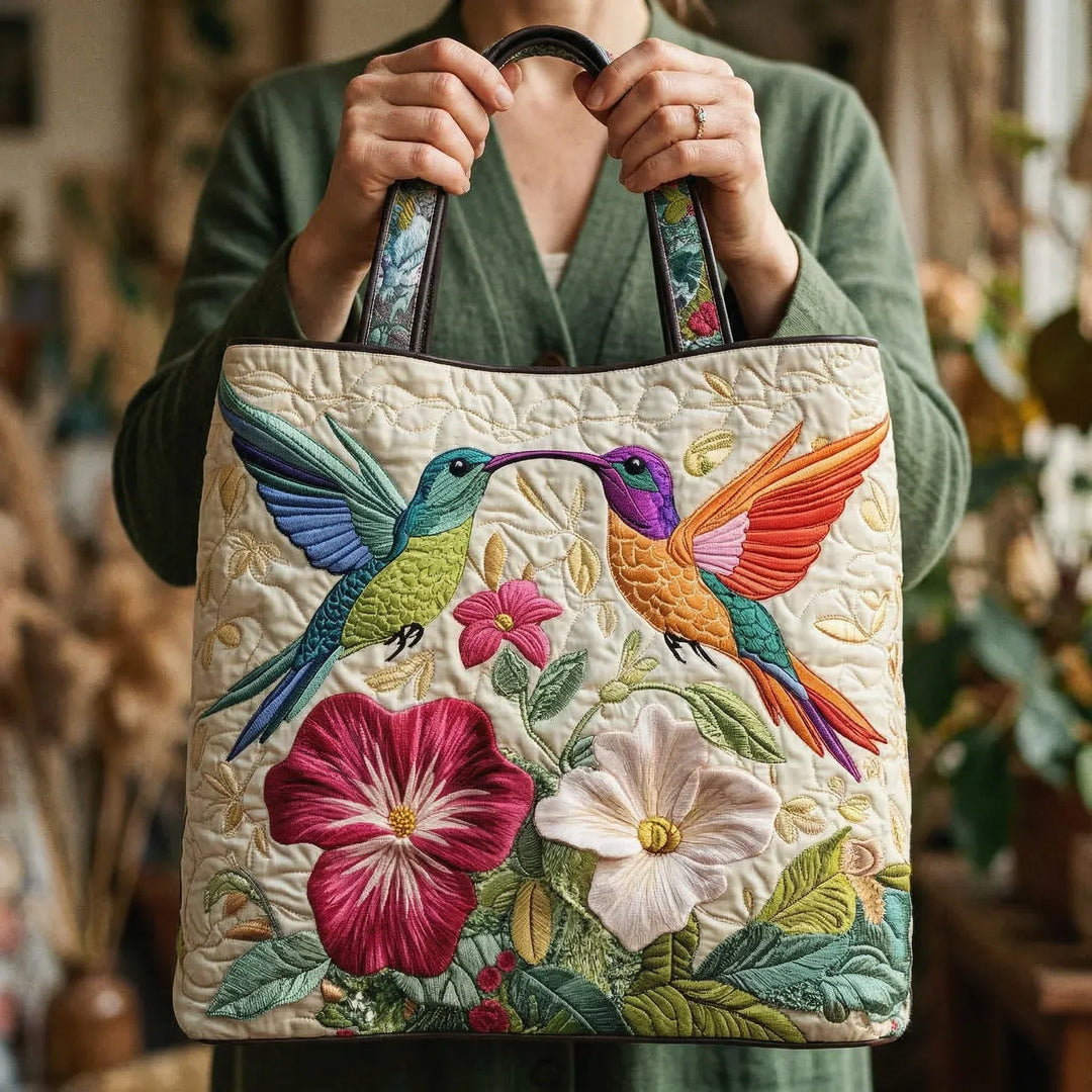 Borsa Floreale Trapuntata colibrì e fiori bianchi – Due Misure