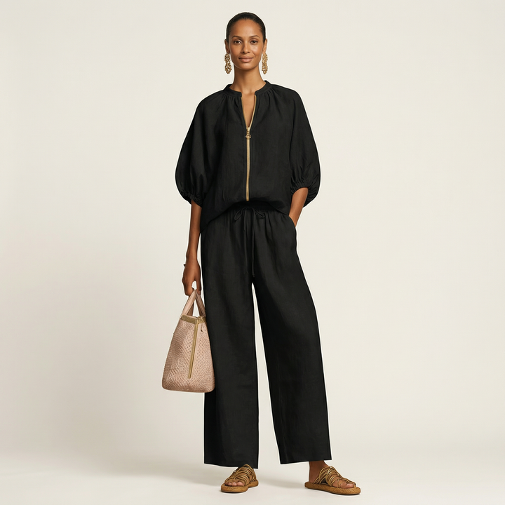 Marlene | Puff Sleeve Two-Piece Set with Front Zip