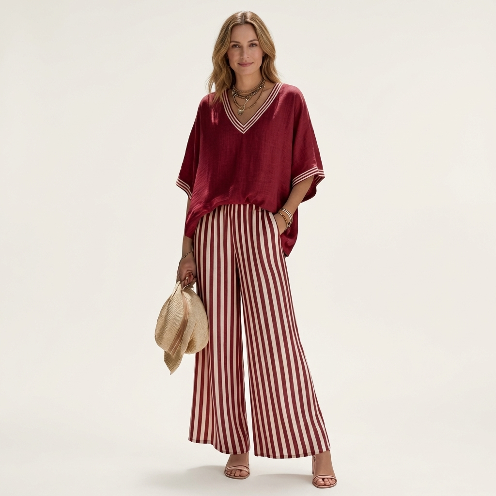 Juliana | V-neck varsity top & striped wide-leg trousers set