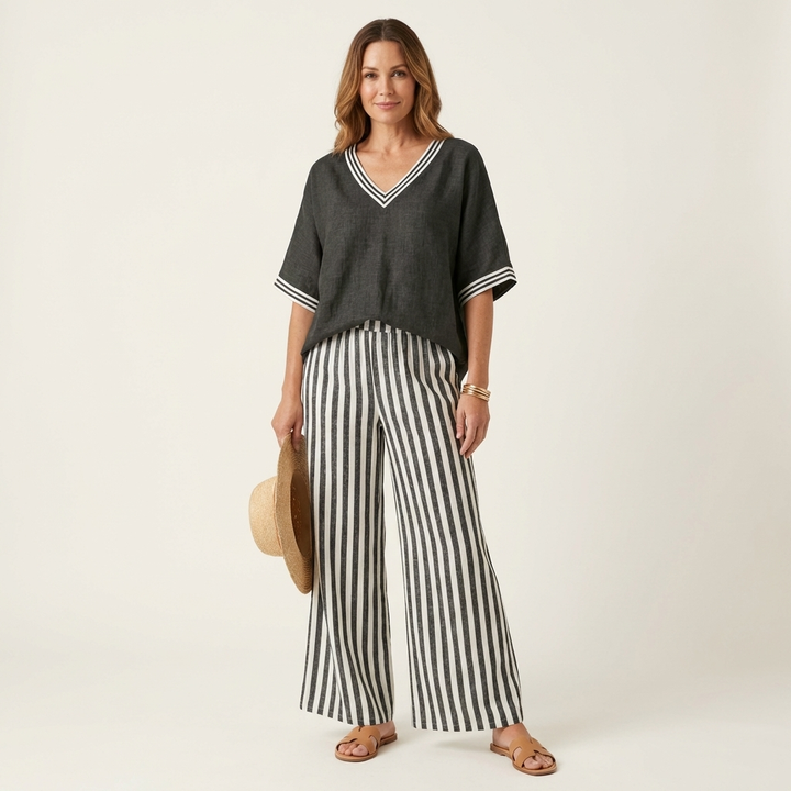 Juliana | V-neck varsity top & striped wide-leg trousers set