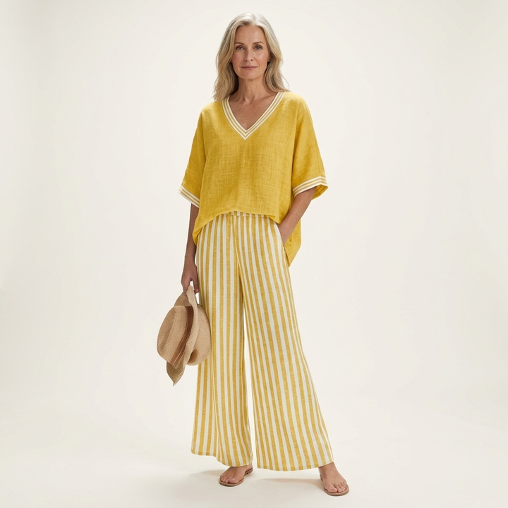 Juliana | V-neck varsity top & striped wide-leg trousers set