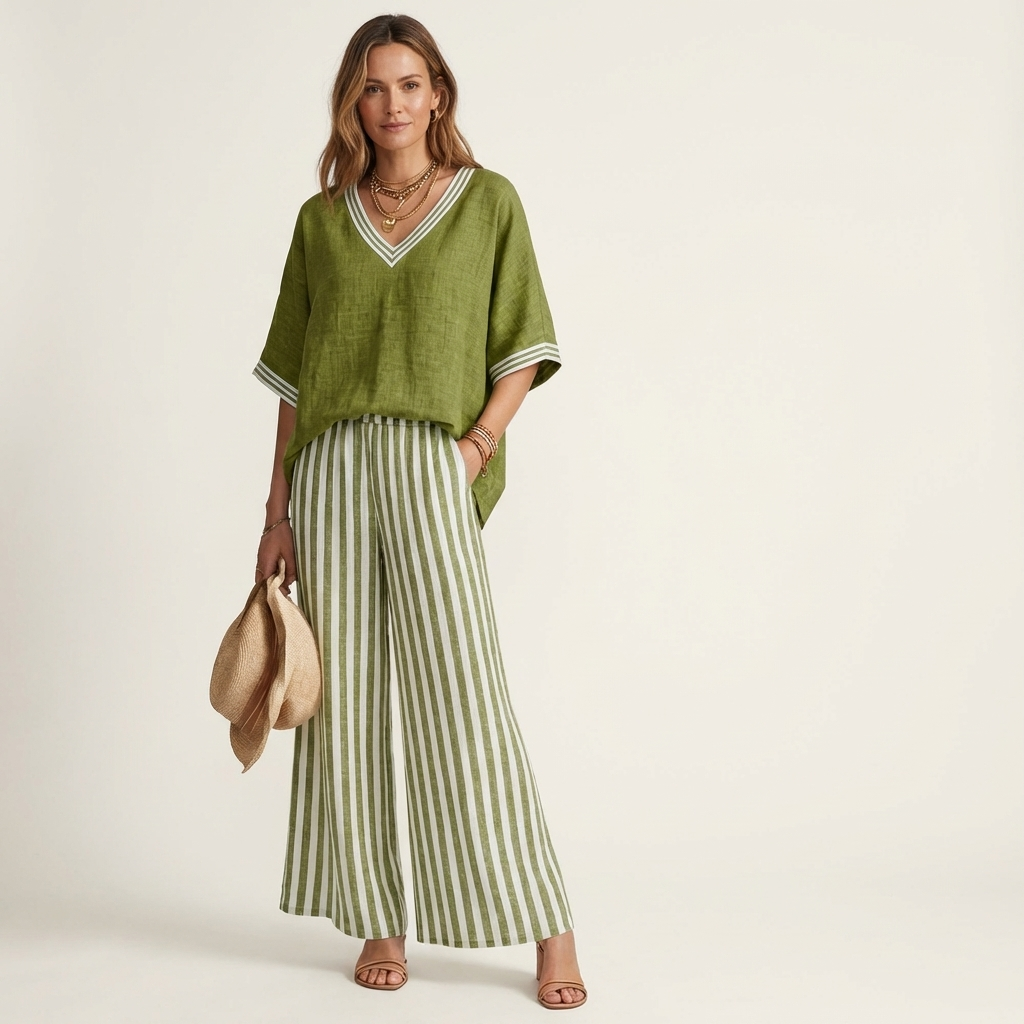 Juliana | V-neck varsity top & striped wide-leg trousers set