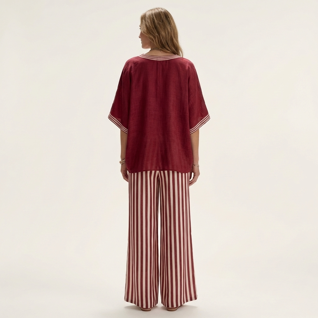 Juliana | V-neck varsity top & striped wide-leg trousers set