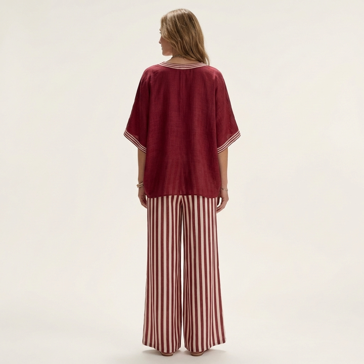 Juliana | V-neck varsity top & striped wide-leg trousers set